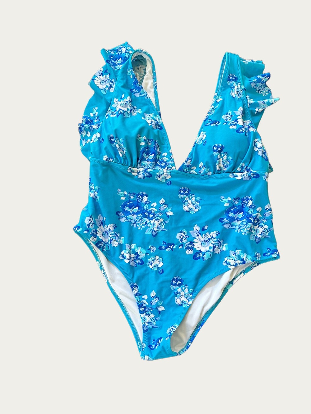 CUPSHE Royal Elegance Bright Blue One Piece V-Neck Ruched Ruffle Neck Floral 1X